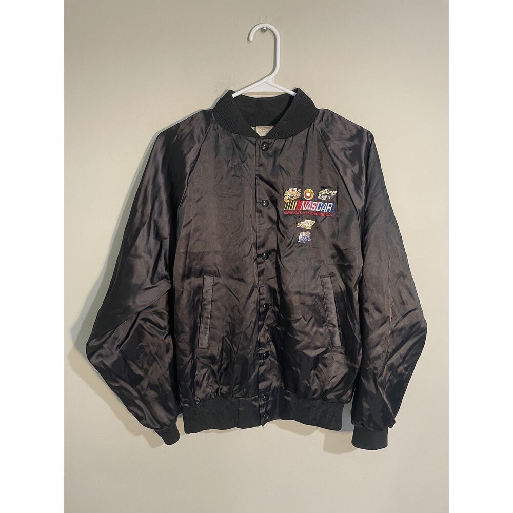 Vintage Nascar Racing Jacket Black Satin Auburn Made in USA‎ Embroidered Size S